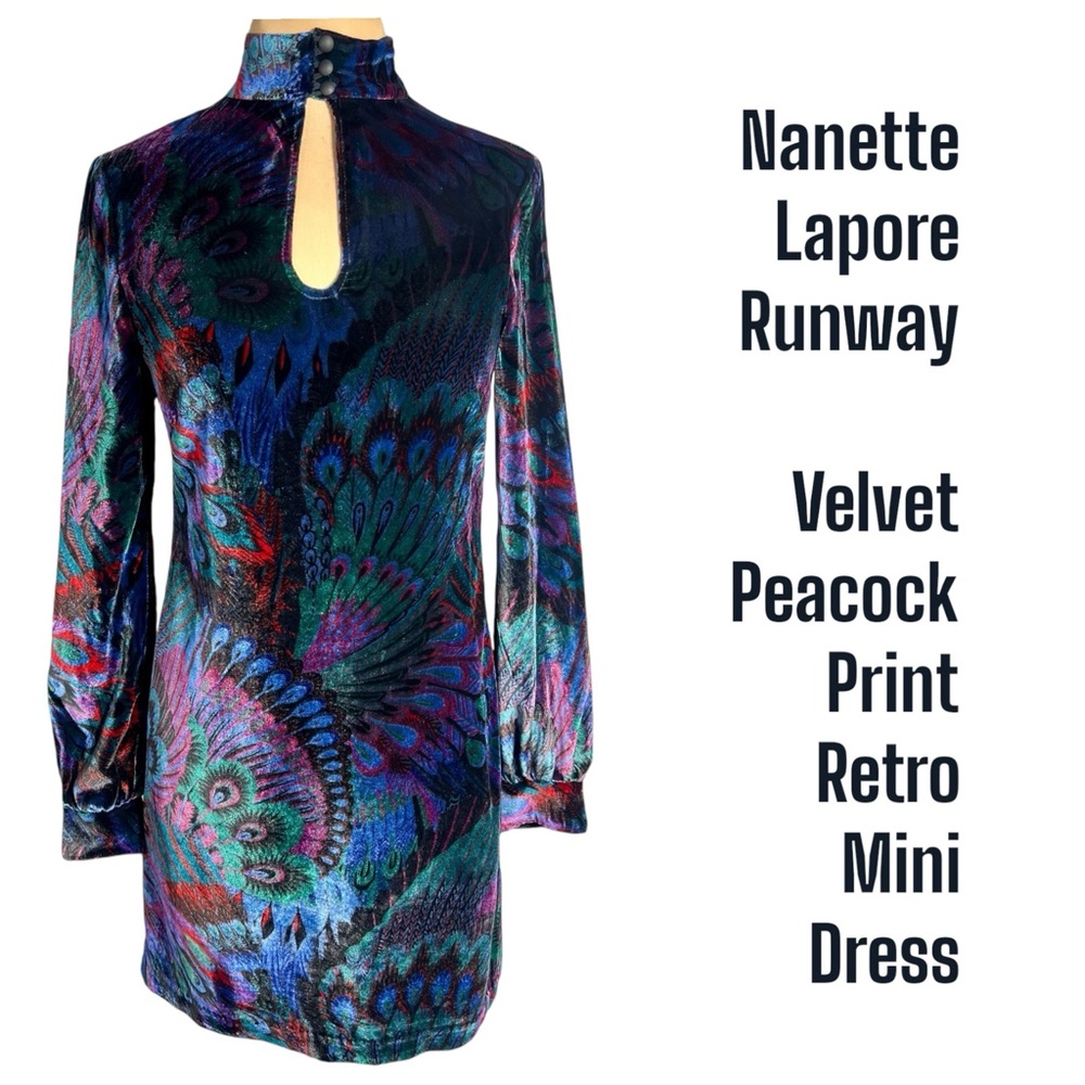 Nanette Lepore 60’s retro velvet mini shift dress rich multicolor peacock print